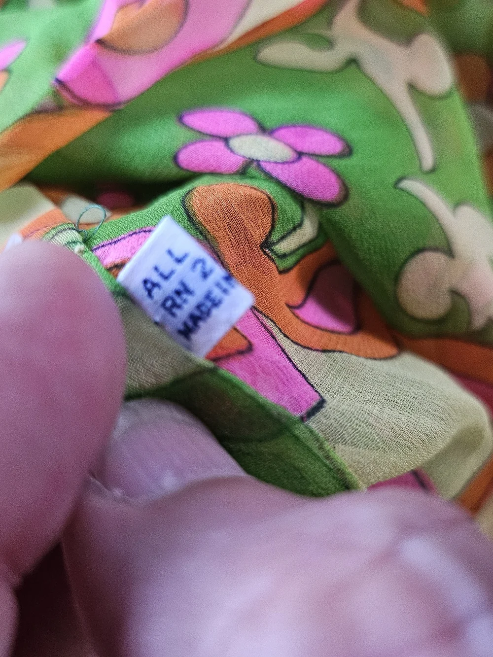 Vintage All Silk Made In Japan Retro Green Pink Floral Paisley Infinity Scarf